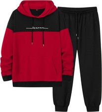 Babioboa Men's Hooded Tracksuit 2 Piece Color Block Fleece X-Large, Red
