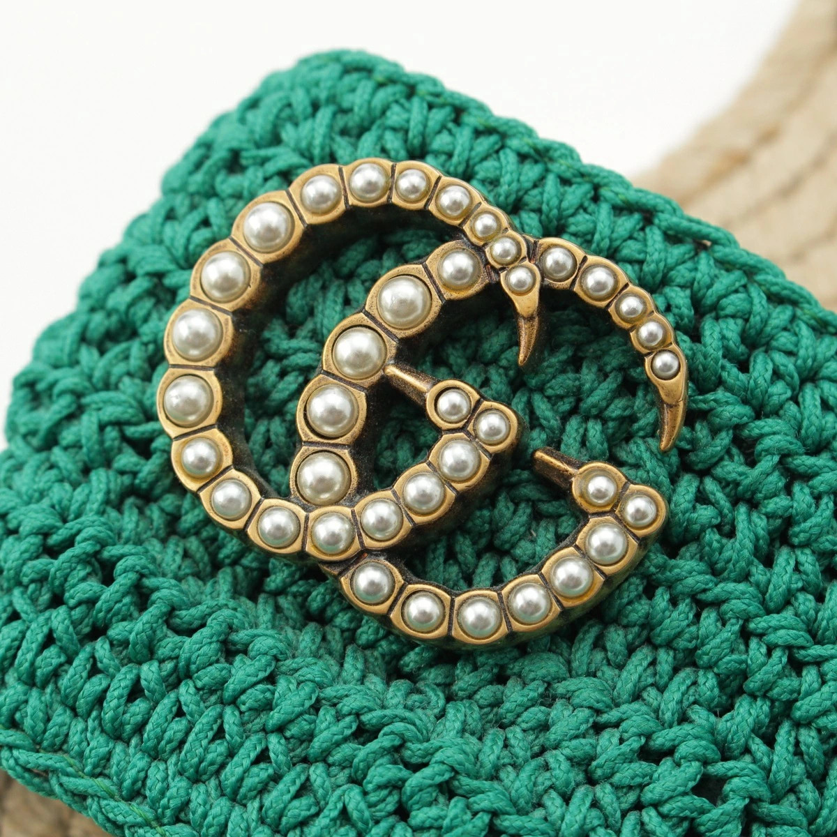 GUCCI Leather GG Marmont Pearl Wedge Sole Sandals Green 35 1/2 thumbnail 8