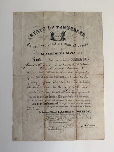 1862 Tennessee Civil War Document Signed By Andrew Johnson