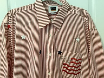 PATRIOTIC AMERICAN RED & WHITE STRIPED BLOUSE-STARS, FLAG, SIZE 1X