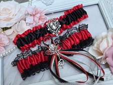 Wedding Garter Set Red Satin Black Lace Wedding Prom Bridal Rhinestones Toss