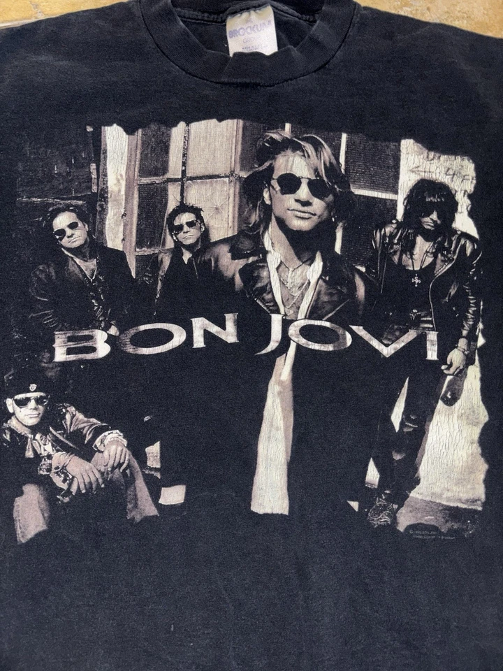 复古 1992 年“Keep The Faith”Bon Jovi 单曲 Stich 黑色乐队大号 T 恤 — 第 2/4 张图片