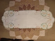 Vintage Hand Embroidered  and Crochet Table Runner 42 x 14.5