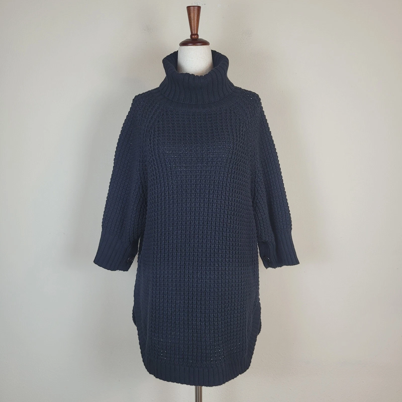 J.CREW Sweater Large Black Waffle Knit Turtleneck Cotton Poncho Oversized Chunky