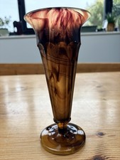 Vintage Davidson Tortoiseshell Glass Vase  Art Deco Amber Brown Trumpet Vase