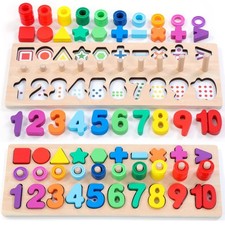 Wooden Montessori Toys for Kids Toddler Number Puzzles Sorter Counting Shape ...