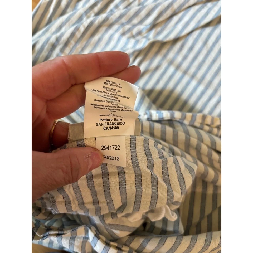 Funda nórdica Pottery Barn Twin azul blanco rayas lino algodón granja costera Foto 3 de 4