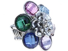 Silvertone Multi Color Flower Stretch Fashion Ring