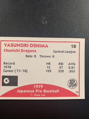 YASUNORI OSHIMA Chunichi Dragons 1979 TCMA JAPANESE JAPAN PRO