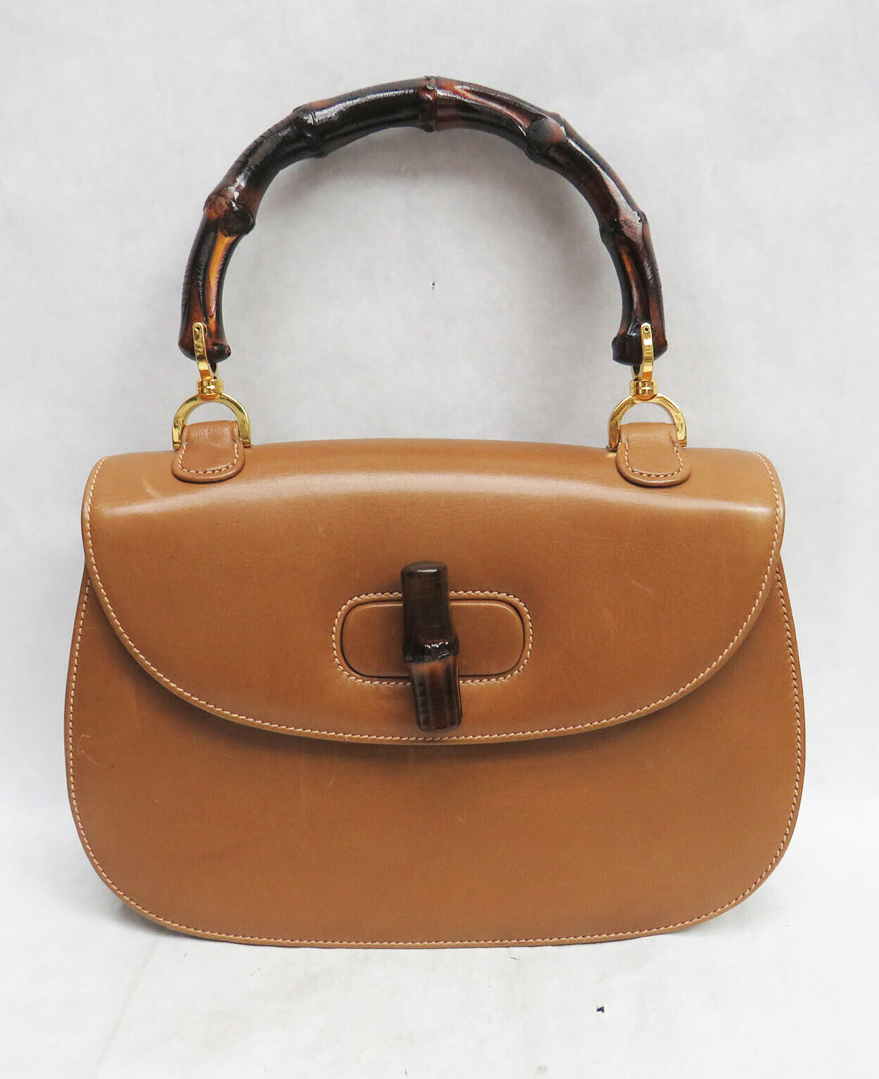 VINTAGE GUCCI BAMBOO TOP HANDLE TAN LEATHER BAG