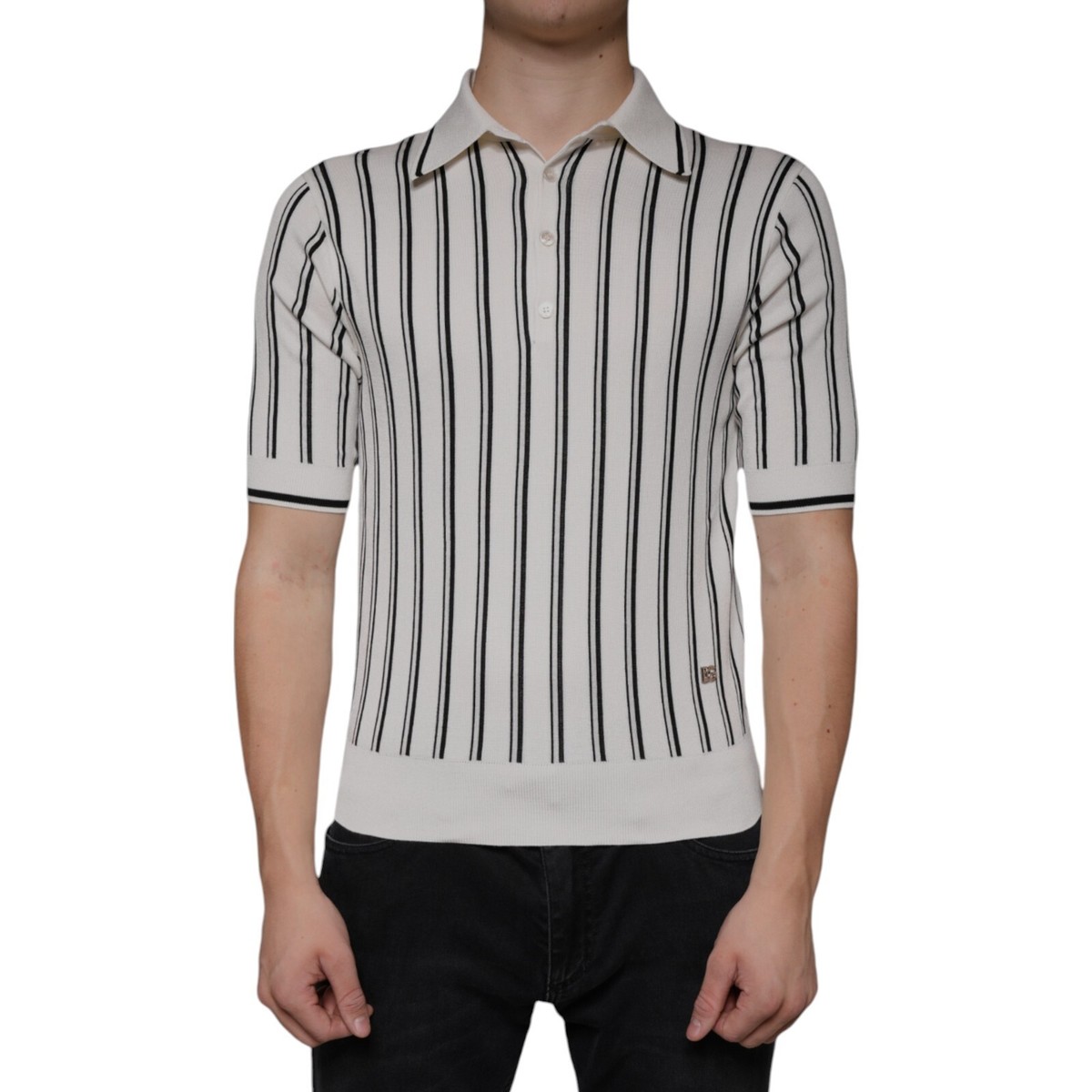 DOLCE & GABBANA T-shirt White Black Stripe Polo ShortSleeve IT44