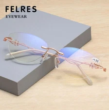 Luxury Rimless Anti-Blue Light Reading Glasses For Women Cat Eye Eyewear New