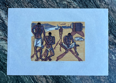 (EH3006), Orig. Farbholzschnitt, Gabriele Just, ''Männer am Strand'' 1990