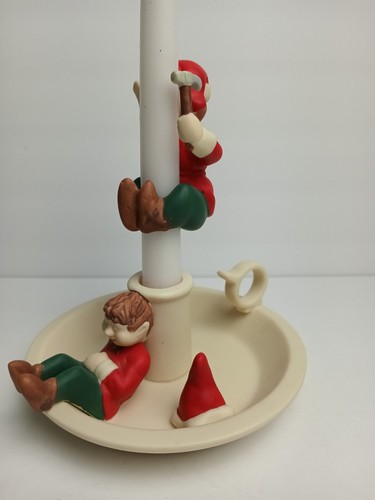 PartyLite 1990s Christmas Elves Saucerlite Bisque Porcelain Candle Stick Holder - Picture 3 of 10