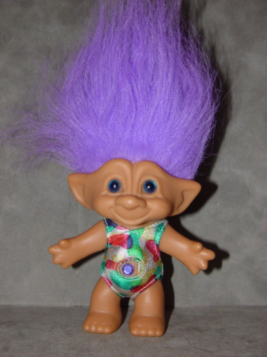 Bambola Troll 4 1/2" Ace Treasure costume da bagno gioiello pancia capelli rotondi viola - Foto 1 di 1