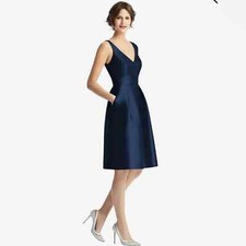 Alfred Sung Midnight Blue V-Neck Satin Cocktail Dress Size 10 D768
