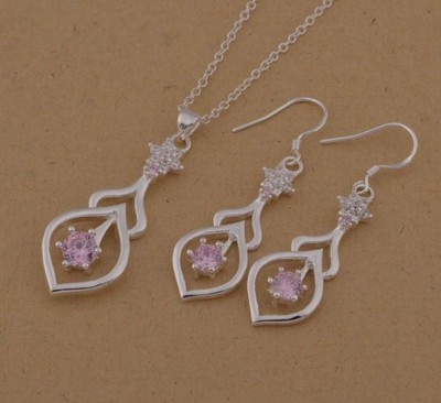NEW Pretty Silver 925P Pink Diamante Necklace /& Earrings Set UK Seller