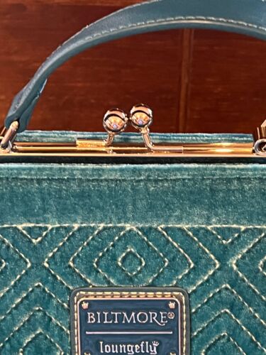 Loungefly The Biltmore Quilted Teal Velvet Purse Faux Leather 6.5" x 7" - Picture 3 of 9
