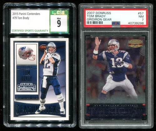 2015 Panini Contenders #79 Tom Brady CSG 9 Mint + 2007 Donruss #57 PSA 7 2 Count