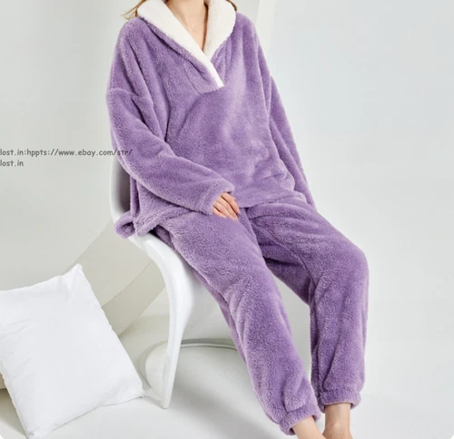 Neu Damen Flauschig Pyjama Set Weich Bequem Fleece Nachtwäsche Winter Flauschig Loungewear - Bild 12 von 28