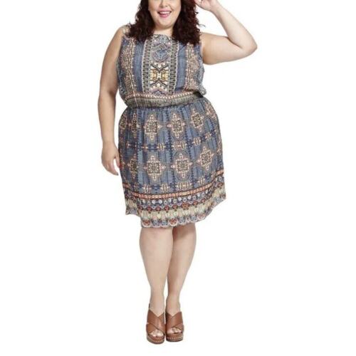 Hemant & Nandita Blouson Dress Plus Size 2X Multicolor Ikat Print Boho Smocked - Picture 2 of 15