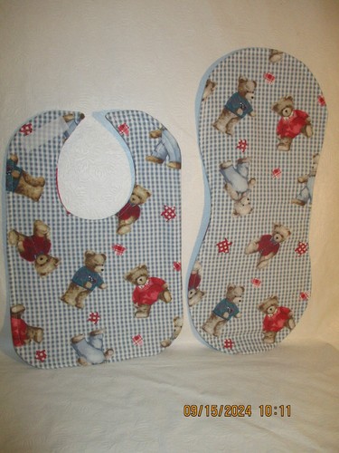 Handmade By Me Infant Toddler Bib and Burp Pad Set. Blue Jean Teddy, Baby Shower