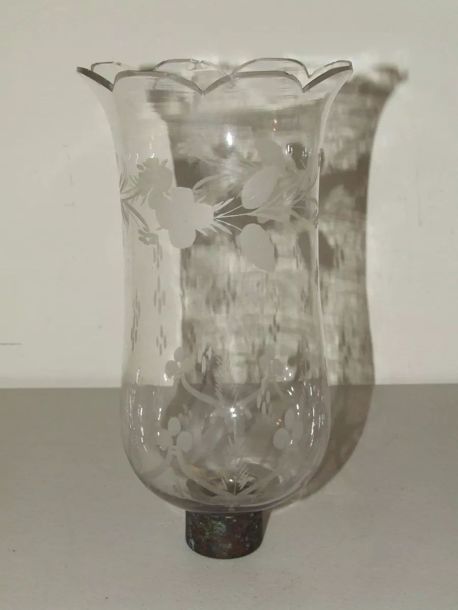Antique 19th C. Hand Blown Fluted Glass Hurricane Shade w Etched Victorian Bands