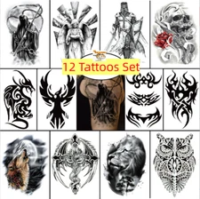 Set of 12 Sheets Waterproof Temporary Tattoo Stickers Eagle Wolf Arm & Body Art