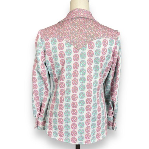 Vintage 1970s Western Shirt Dagger Collar Pastel Polka Dots Floral Women Retro - Picture 3 of 14