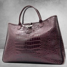 LONGCHAMP Roseau Embossed Leather Tote Bag Purple A4 Large Rare Authentic Used