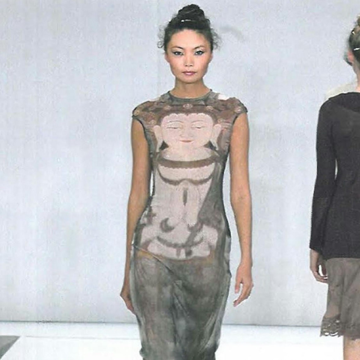 vintage 90s rare vivienne tam kuan yin buddha print mesh maxi