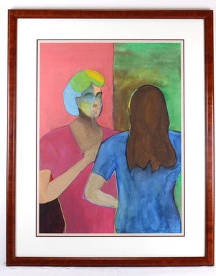Mid Century Abstract Figural ''Two Women'' Pastel Painting On Paper Signed Jack