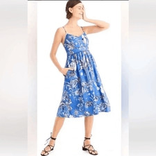 J. Crew Blue Ratti Tropical Toile Linen Spaghetti Strap Tea Dress Womens Size 10