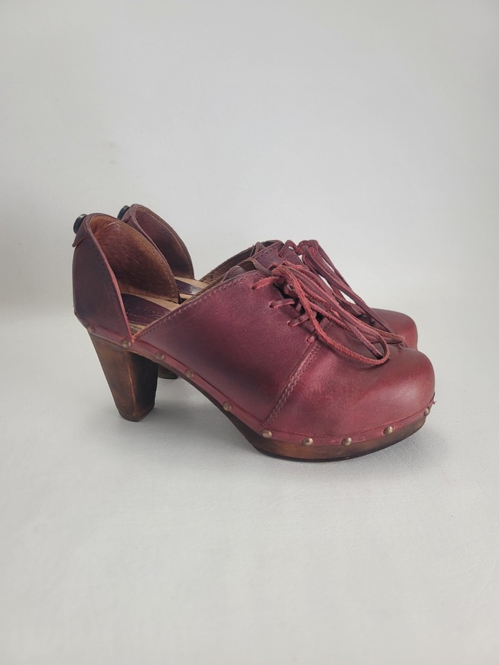 Sanita Theodora Clog Heels Leather Boho Hippie Wood Platform 3" Red Sz 38 US 7.5