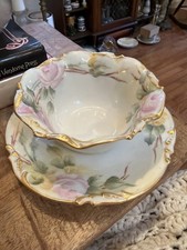 Antique JPL Limoges Hand Painted Roses Berry Bouillon Bowl Attached Underplate