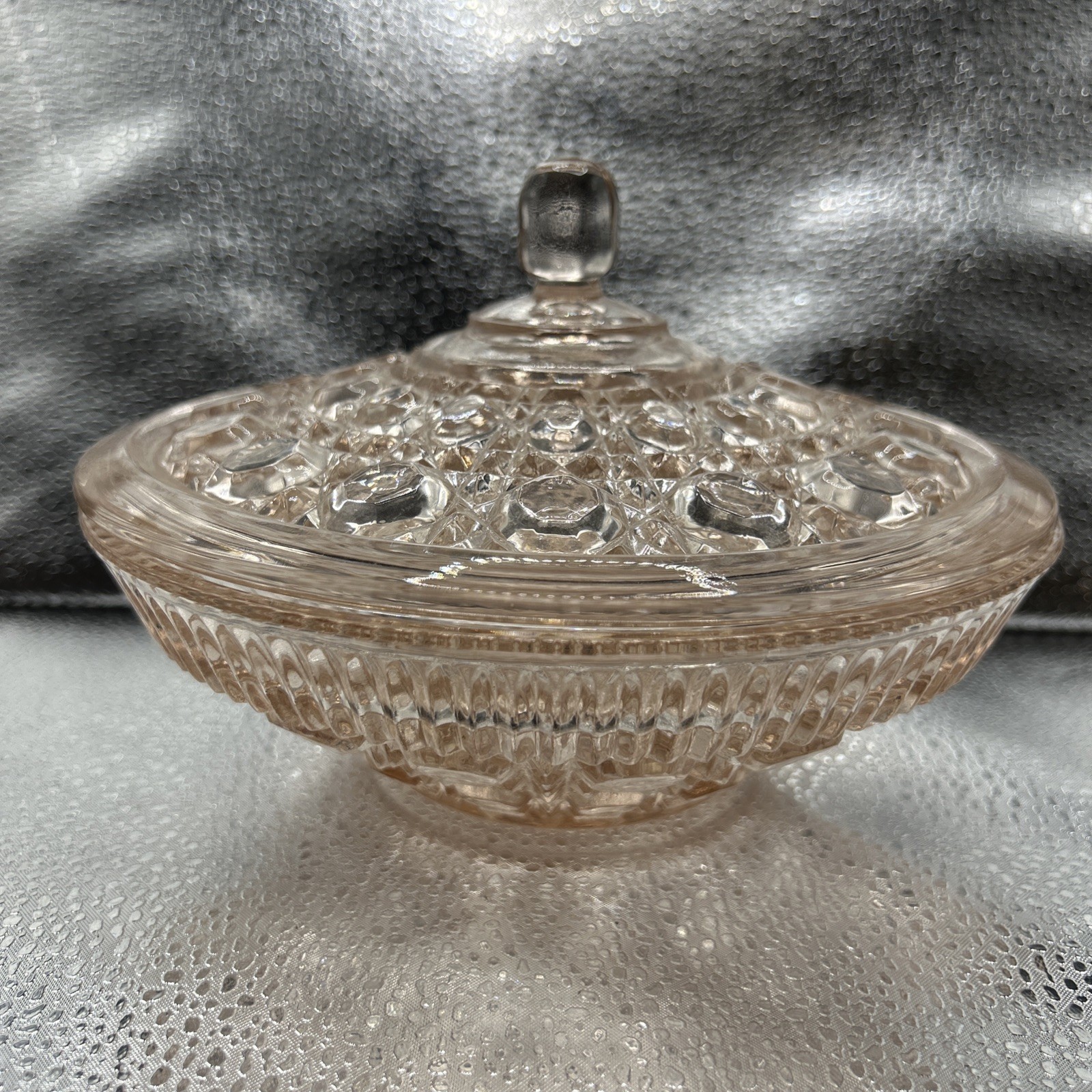 Vintage Indiana Glass Windsor Button Design Cane Pink Glass Candy Dish with Lid