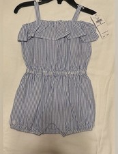 NWT Ralph Lauren Girls Blue  White Seersucker Stripe Ruffle Romper 6 Month