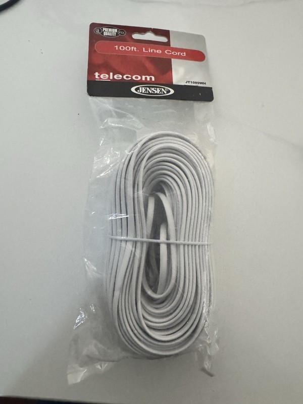 Jensen Telecom 100 FT Feet (30.4m) Phone Line Cord 2 Line Support - White NEW