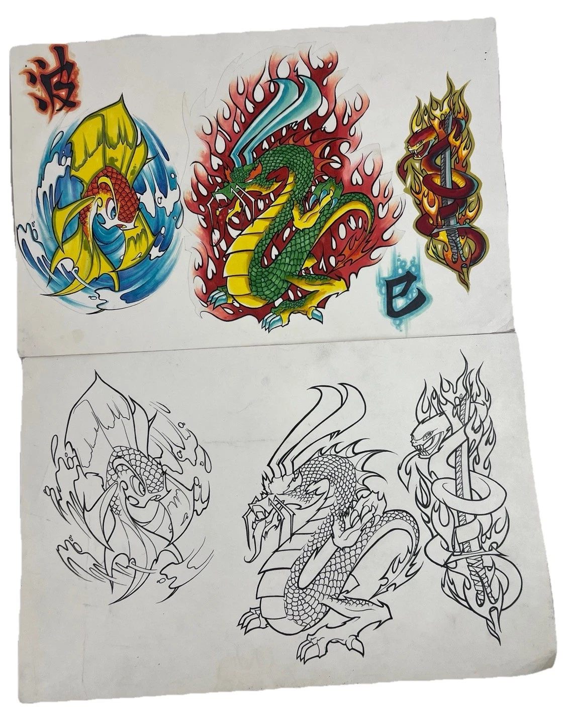 Original Tattoo Flash Art Dragon Koi Snake Sword Ink Drawing Sheet image 1