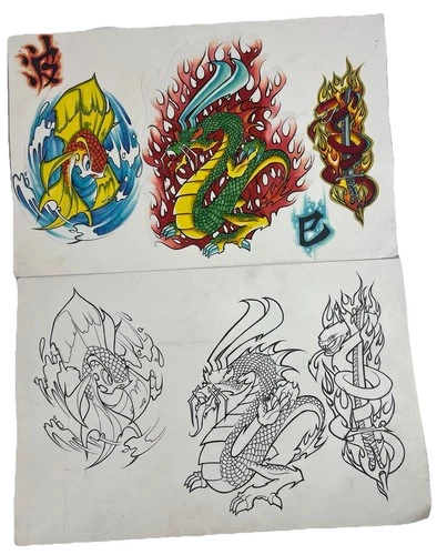 Original Tattoo Flash Art Dragon Koi Snake Sword Ink Drawing Sheet video thumbnail