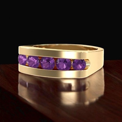 Amethyst Round Cut With 14k Yellow Gold Ring For Men's #453 #