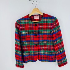 Pendleton Blazer 6 Petite Red Plaid Wool Vintage Collarless Jacket USA Made