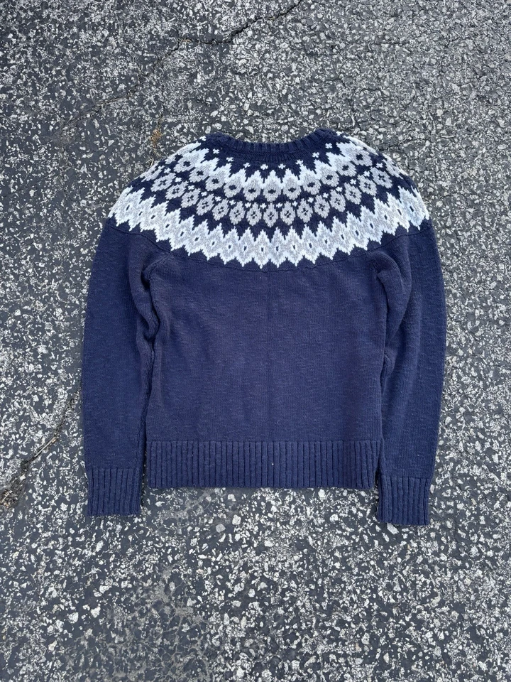 LL Bean Sweater Size Medium Ragg Lambs Wool Fair Isle Nordic Navy Aztec - Image 2 of 4
