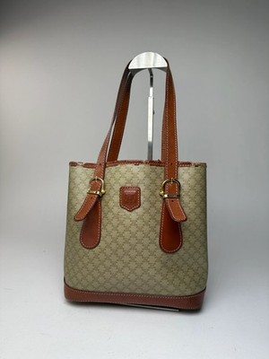 Vintage Celine Paris Triomphe Monogram Leather Bucket Bag Brown Green