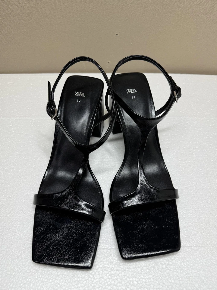 Zapatos Zara Mujer Talla 39 Negro Tacón Bloque Sandalias Tirantes Punta Cuadrada Y2K Foto 2 de 4