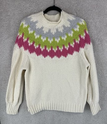 Ces Femme Sweater Womens Large White Fair Isle Tight Knit Fluffy Classic