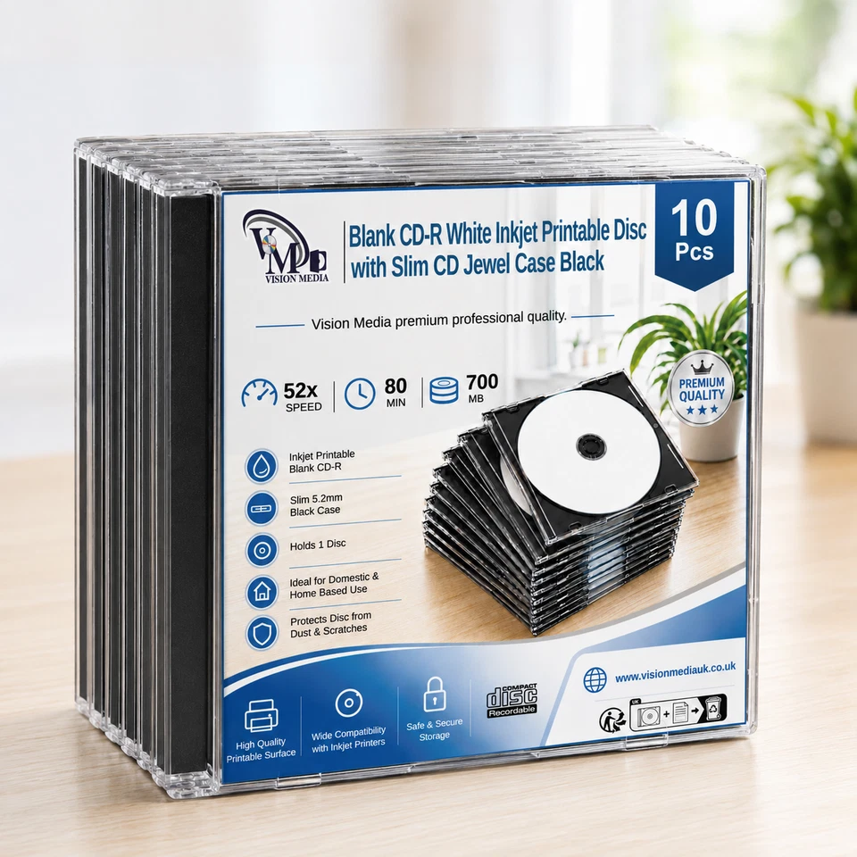 Vision Media White Inkjet Printable CD-R Discs with Slim Black Cases - Image 1 of 2
