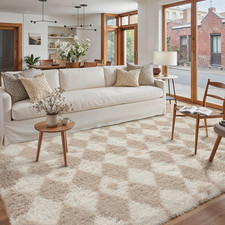 Beige 5X7 Area Rug for Living Room Washable Non Slip Neutral Soft Bedroom Checke