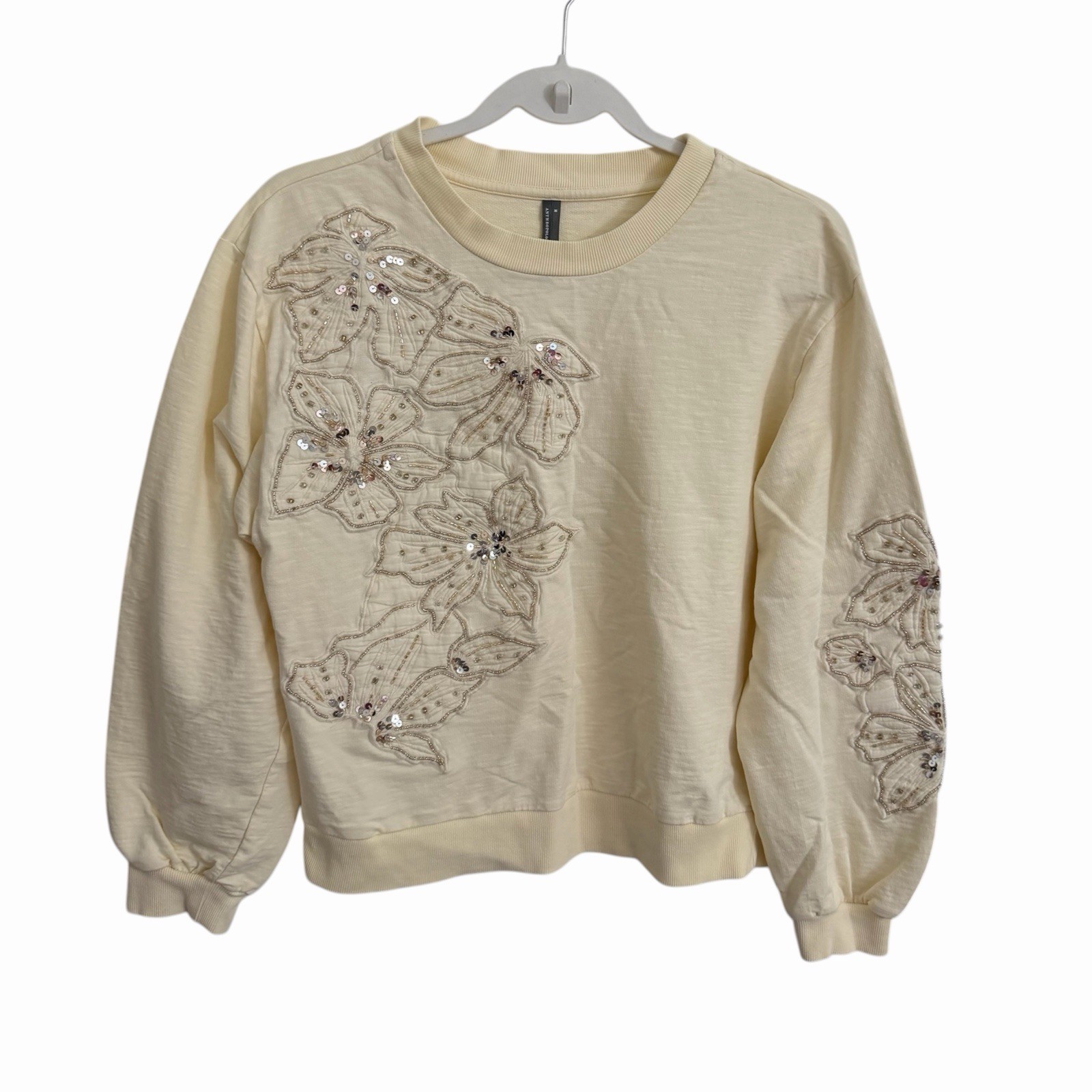 Anthropologie Pilcro Sweatshirt Medium Cream Embroidered Floral Beaded Sequin