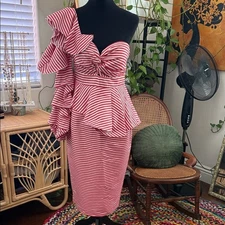 Asilio Epoch Red & White Stripe One Shoulder Ruffle Wiggle Midi Dress